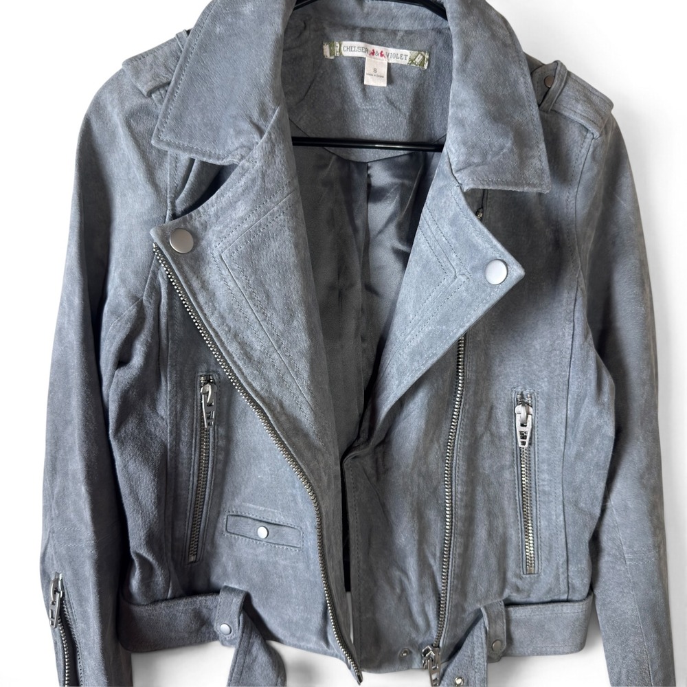 Chelsea & Violet Suede Moto Jacket Grey Women Small Belted Asymmetrical Biker